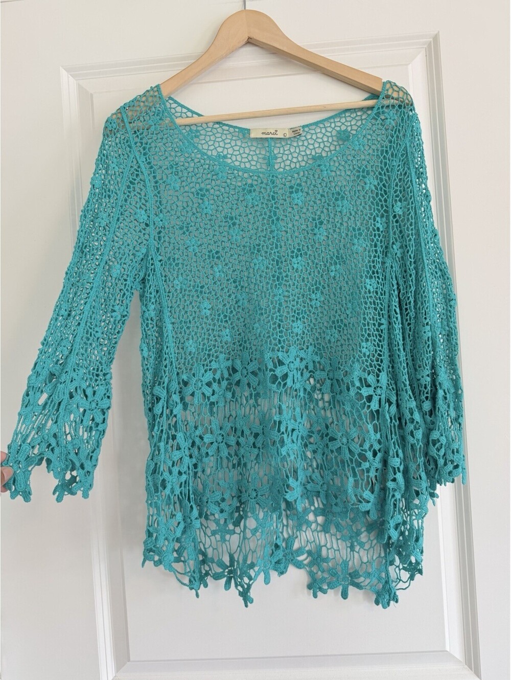 Marci Teal Crochet Lace Top Women’s Size L Bell Sleeve Cover Up Boho Festival